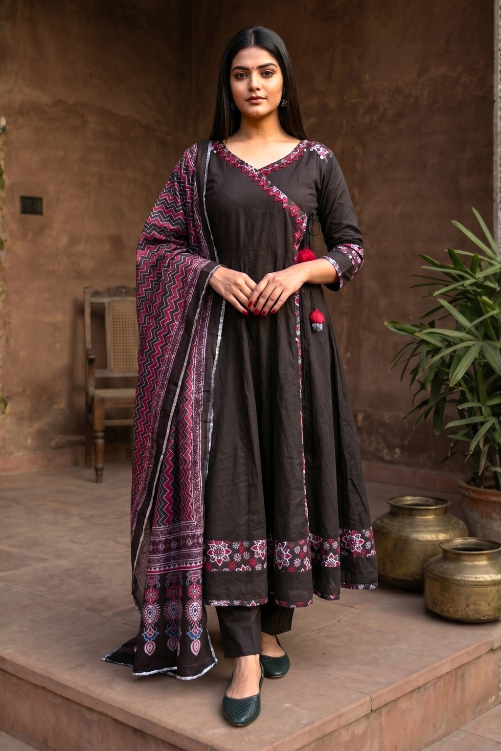 Black Zohra Cotton Slub Anarkali Suit Set