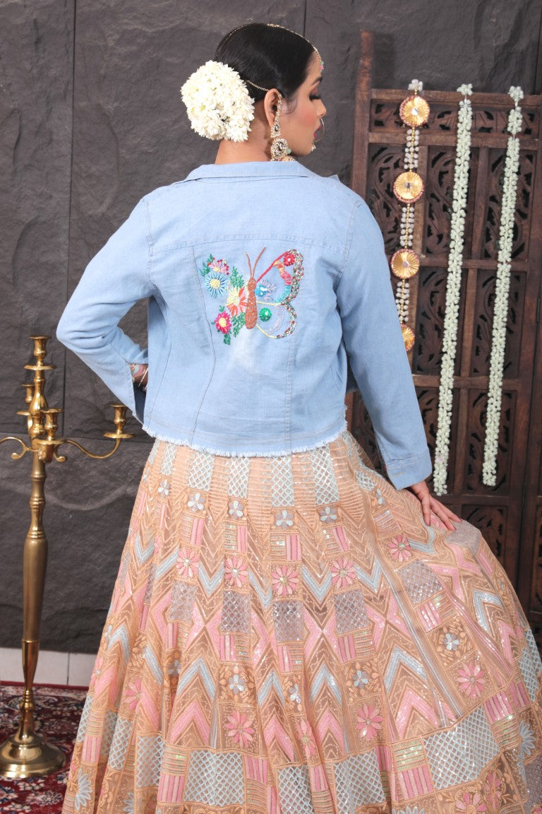 Hand Embroidered Light Blue Denim Jacket