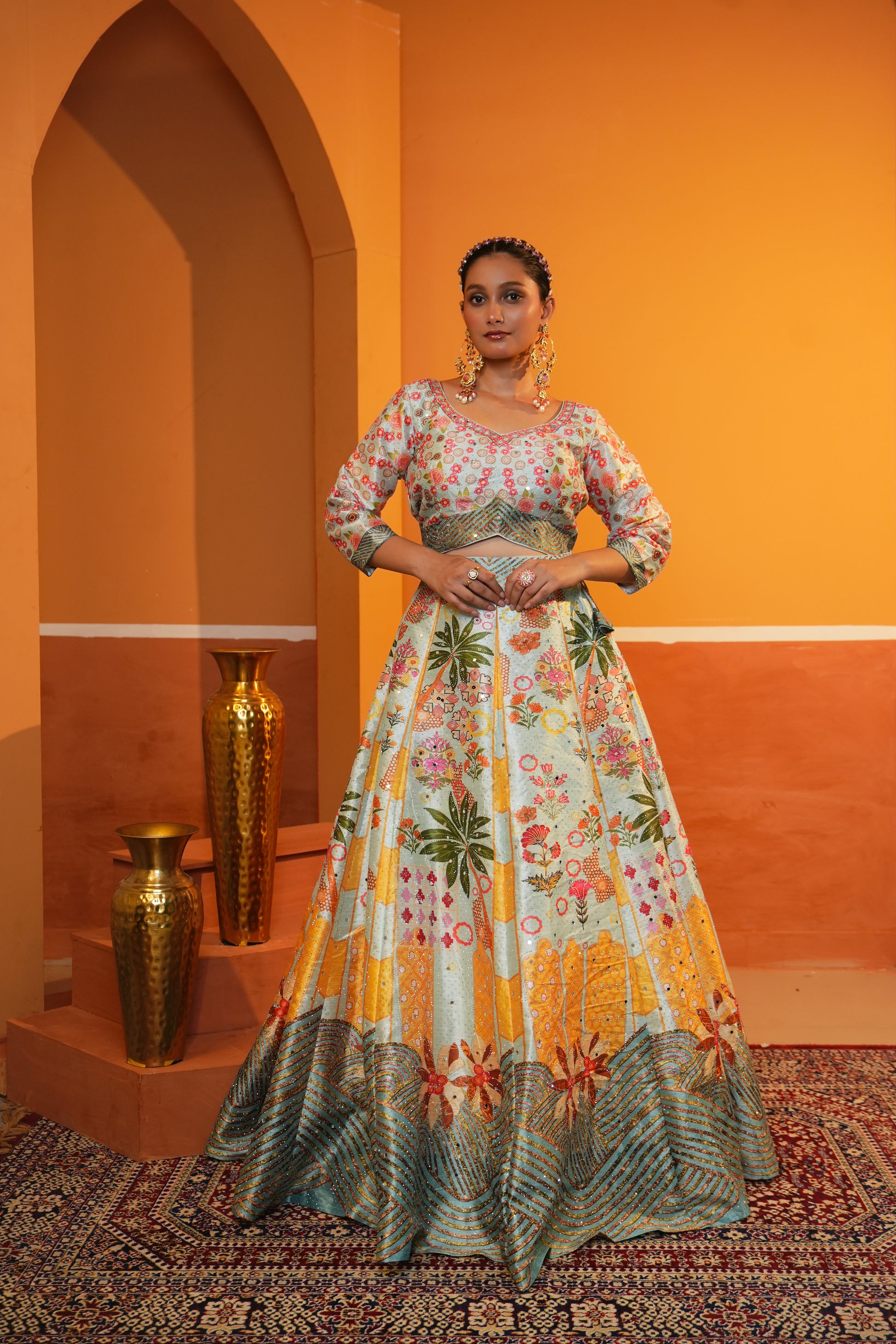 Pastel Mint Green Floral Butter Silk Lehenga Set