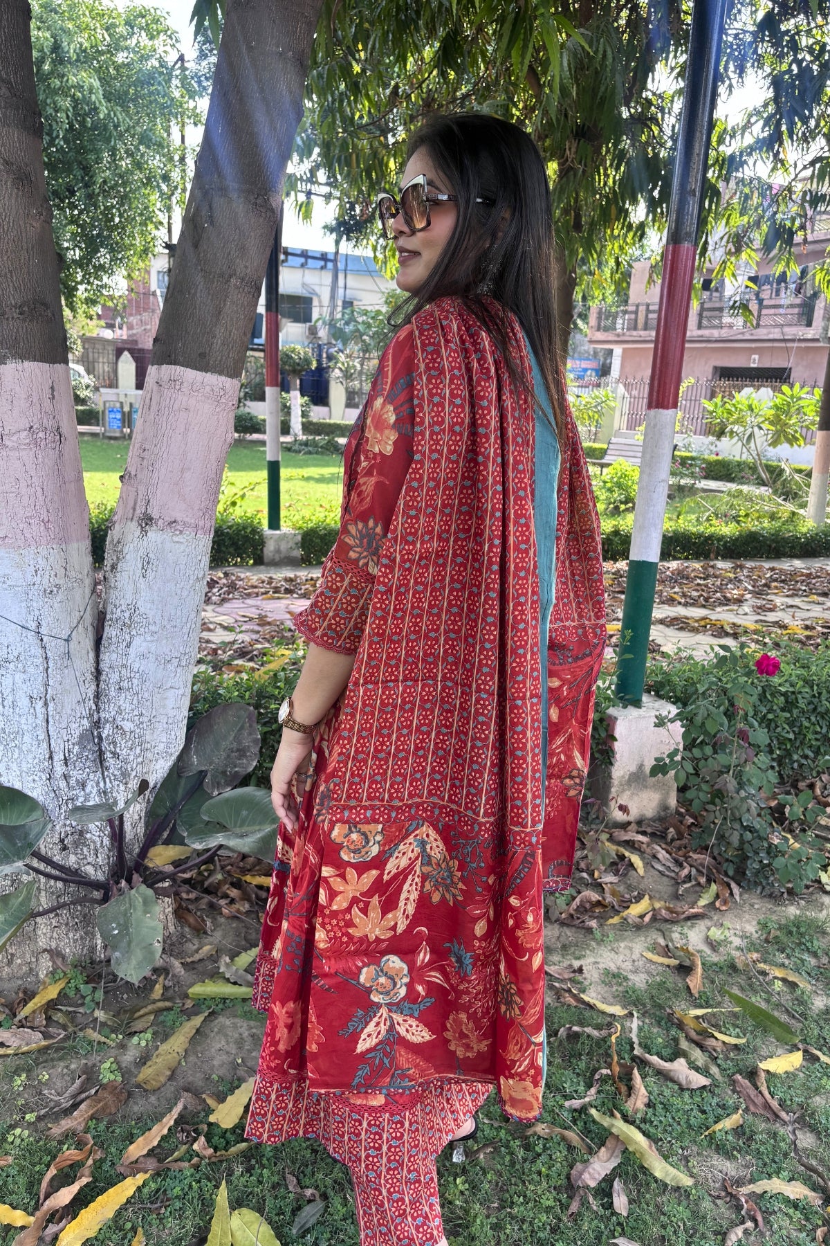 Gulnaar Rust Red Floral Printed Embroidered Suit Set