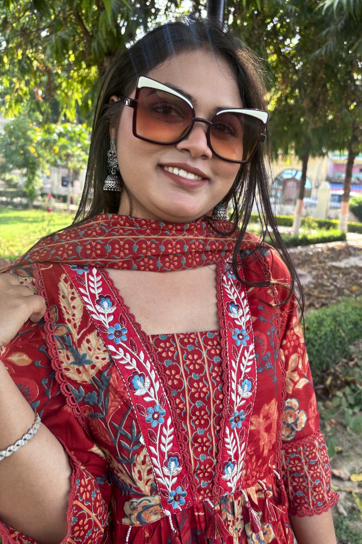 Gulnaar Rust Red Floral Printed Embroidered Suit Set