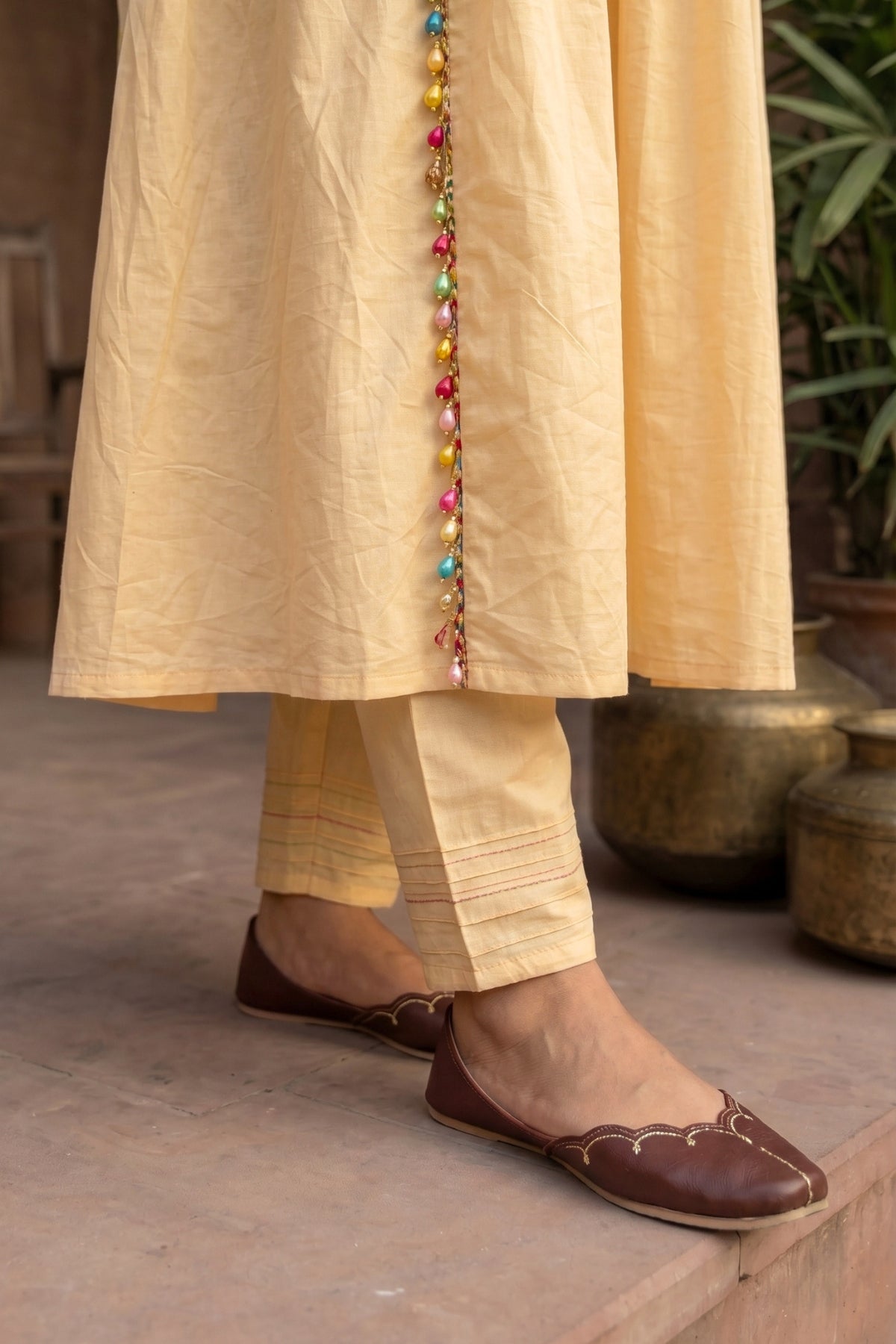 Cream Floral Embroidered Cotton Anarkali Suit Set