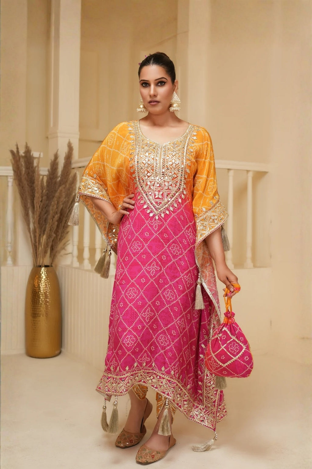Hot Pink Bandhej Ombre Kaftan Set
