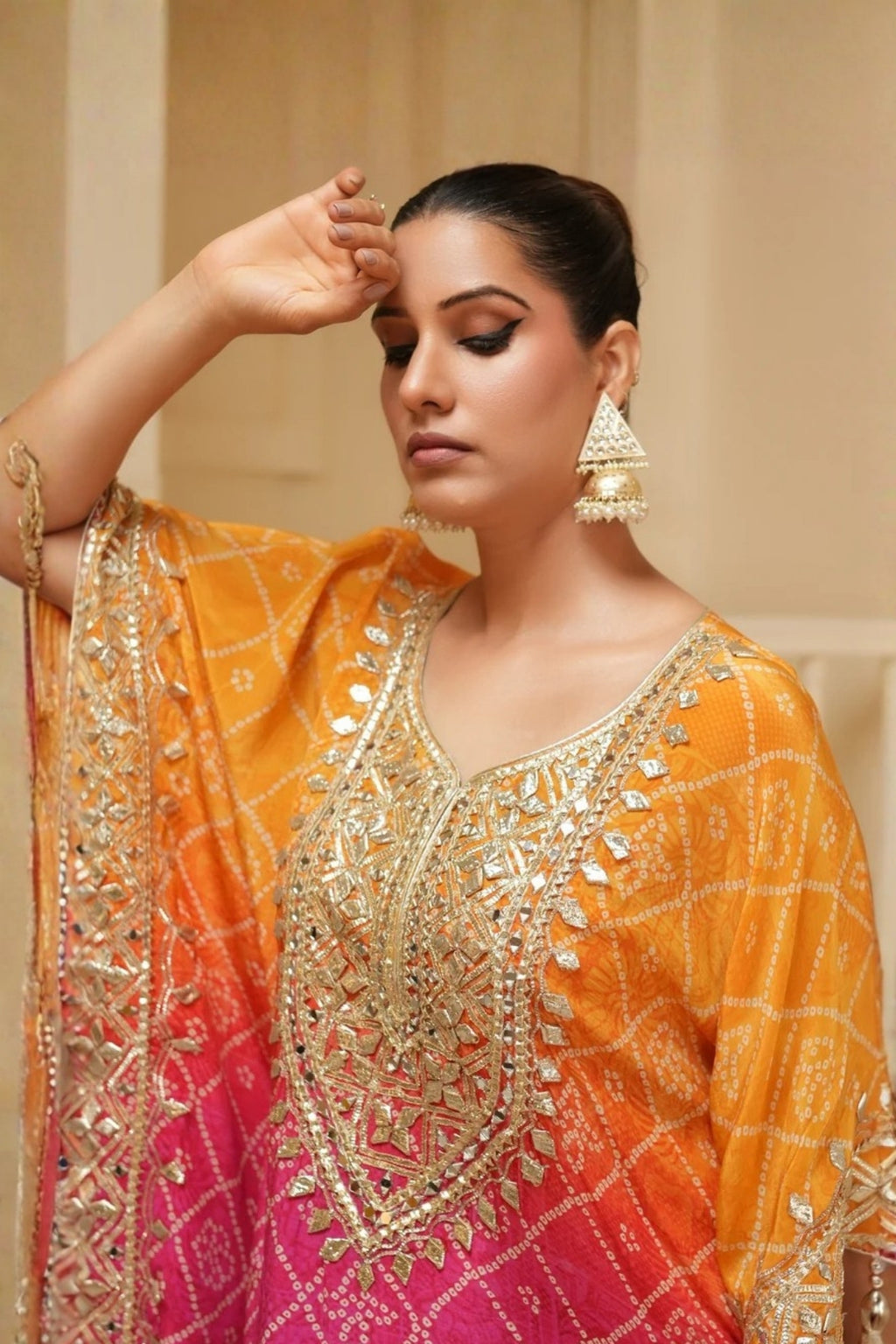 Hot Pink Bandhej Ombre Kaftan Set