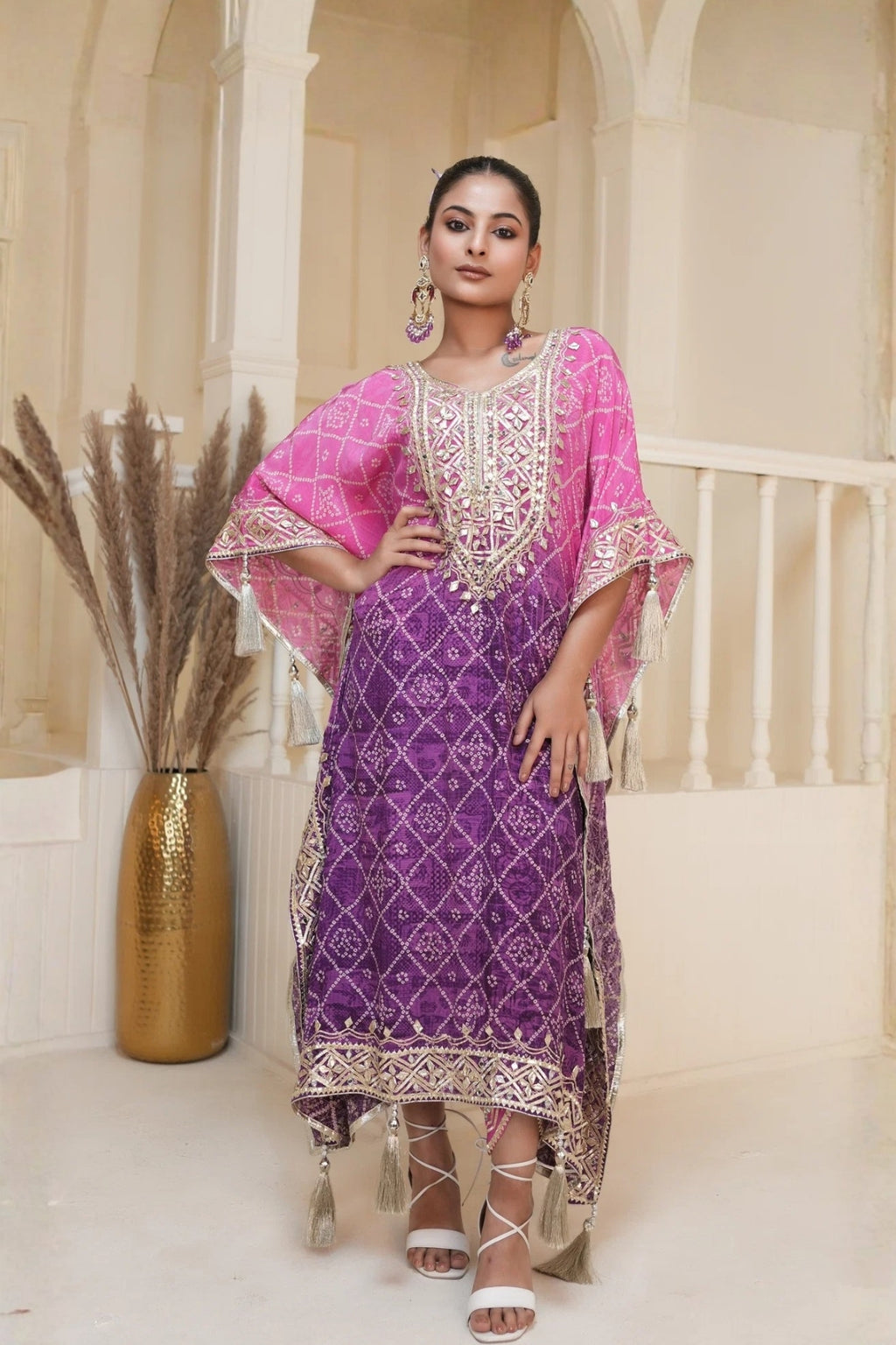 Purple Bandhej Ombre Kaftan Set
