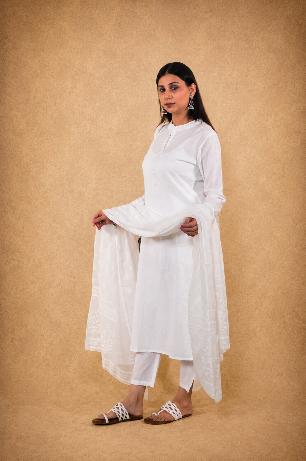 Snowy White Mul Cotton Kurta With Slip and Pants and Dupatta Suit Set