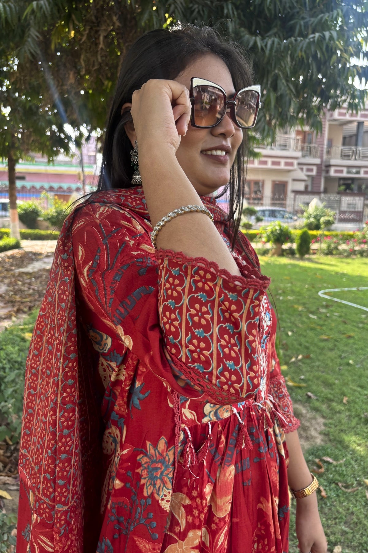 Gulnaar Rust Red Floral Printed Embroidered Suit Set