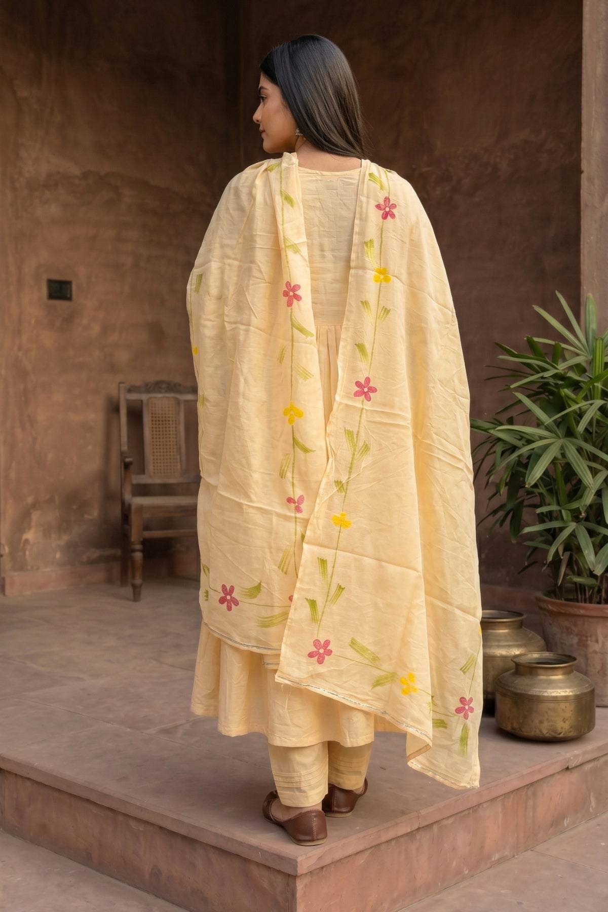 Cream Floral Embroidered Cotton Anarkali Suit Set