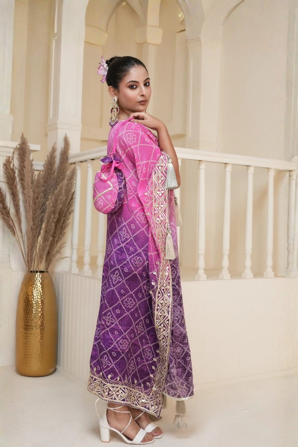 Purple Bandhej Ombre Kaftan Set