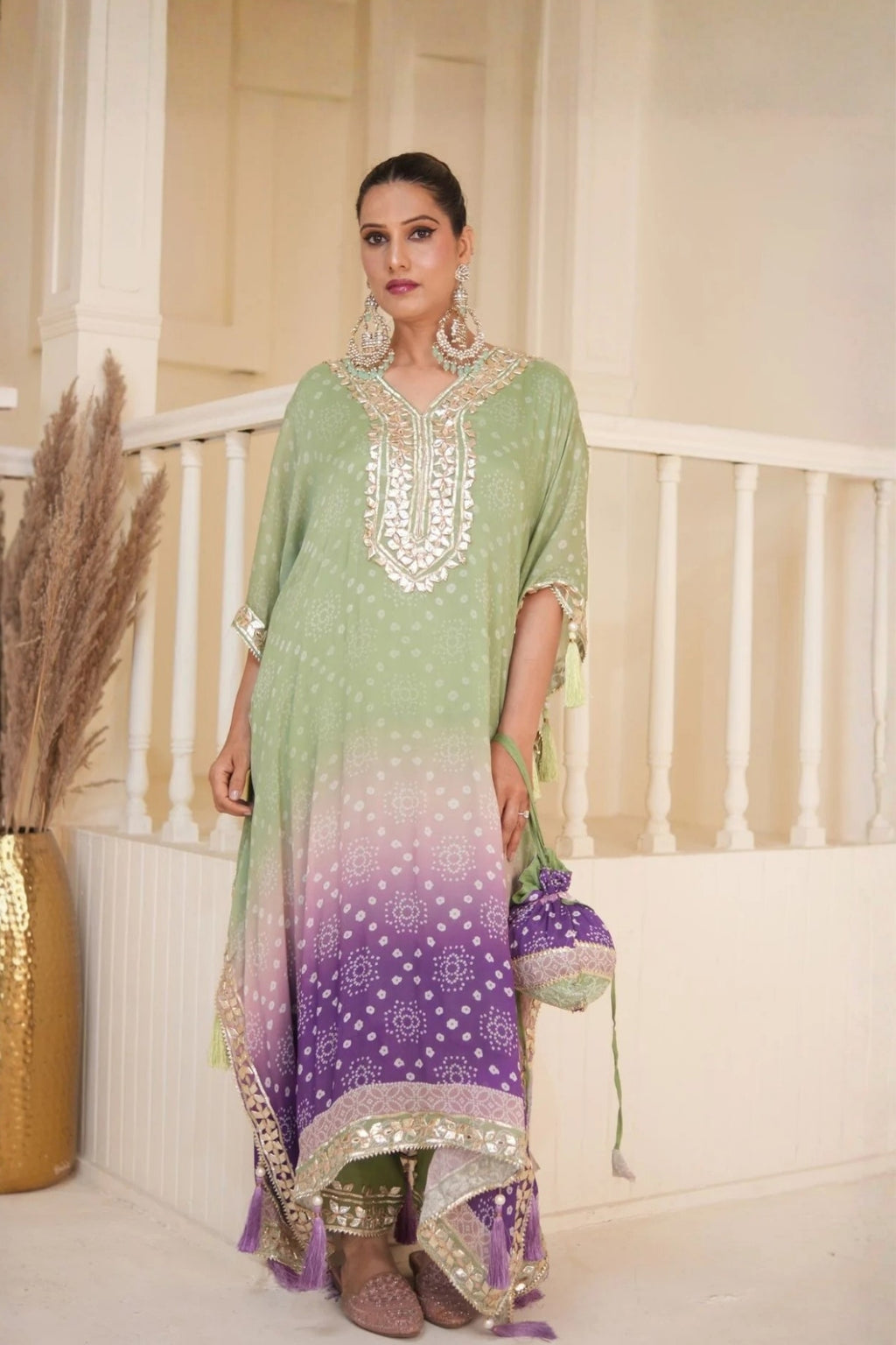 Pistachio Green Bandhej Ombre Kaftan Set