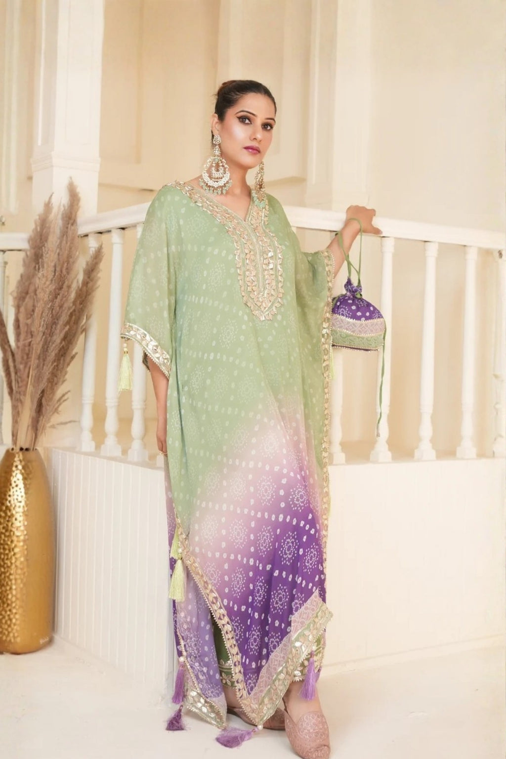 Pistachio Green Bandhej Ombre Kaftan Set