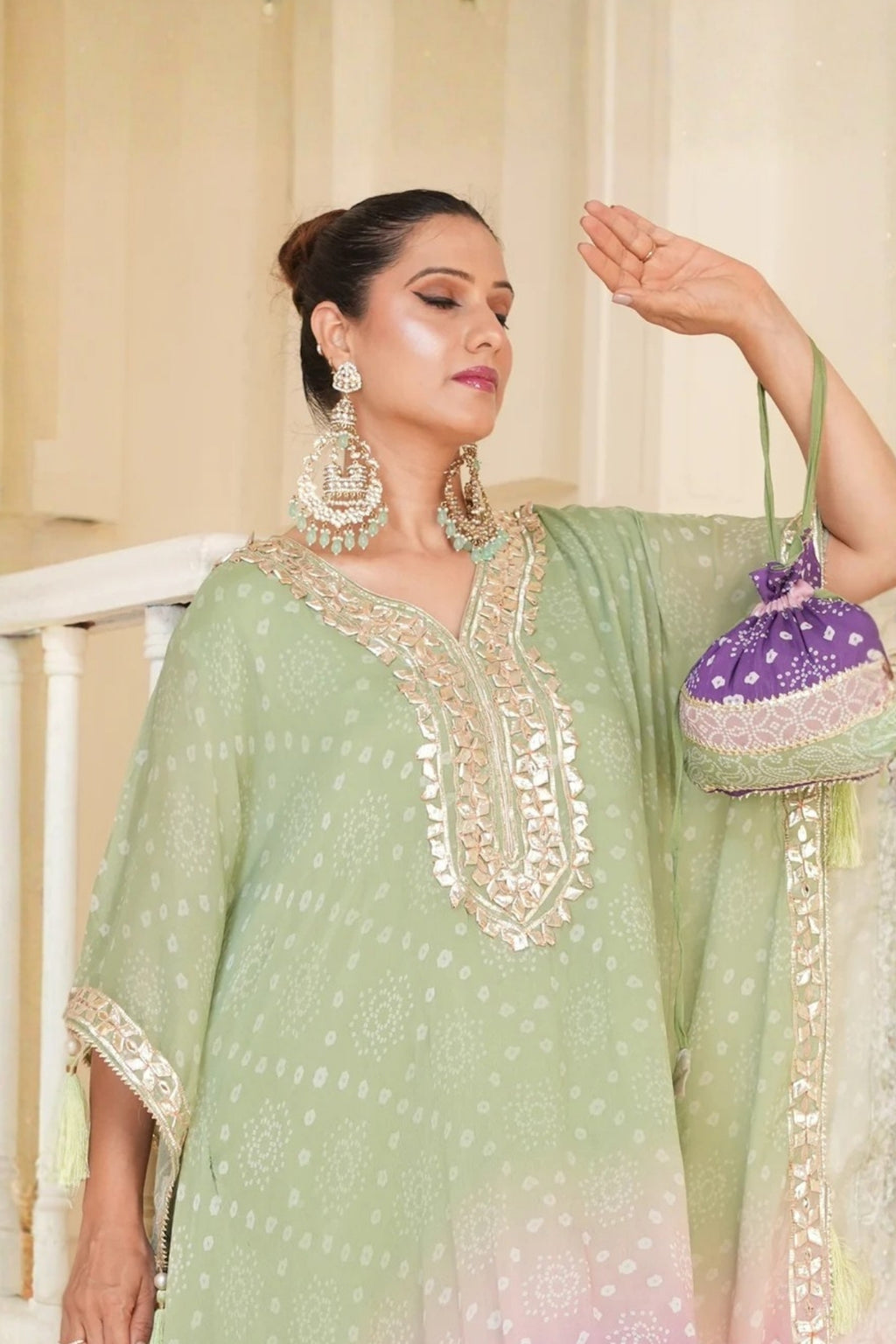 Pistachio Green Bandhej Ombre Kaftan Set
