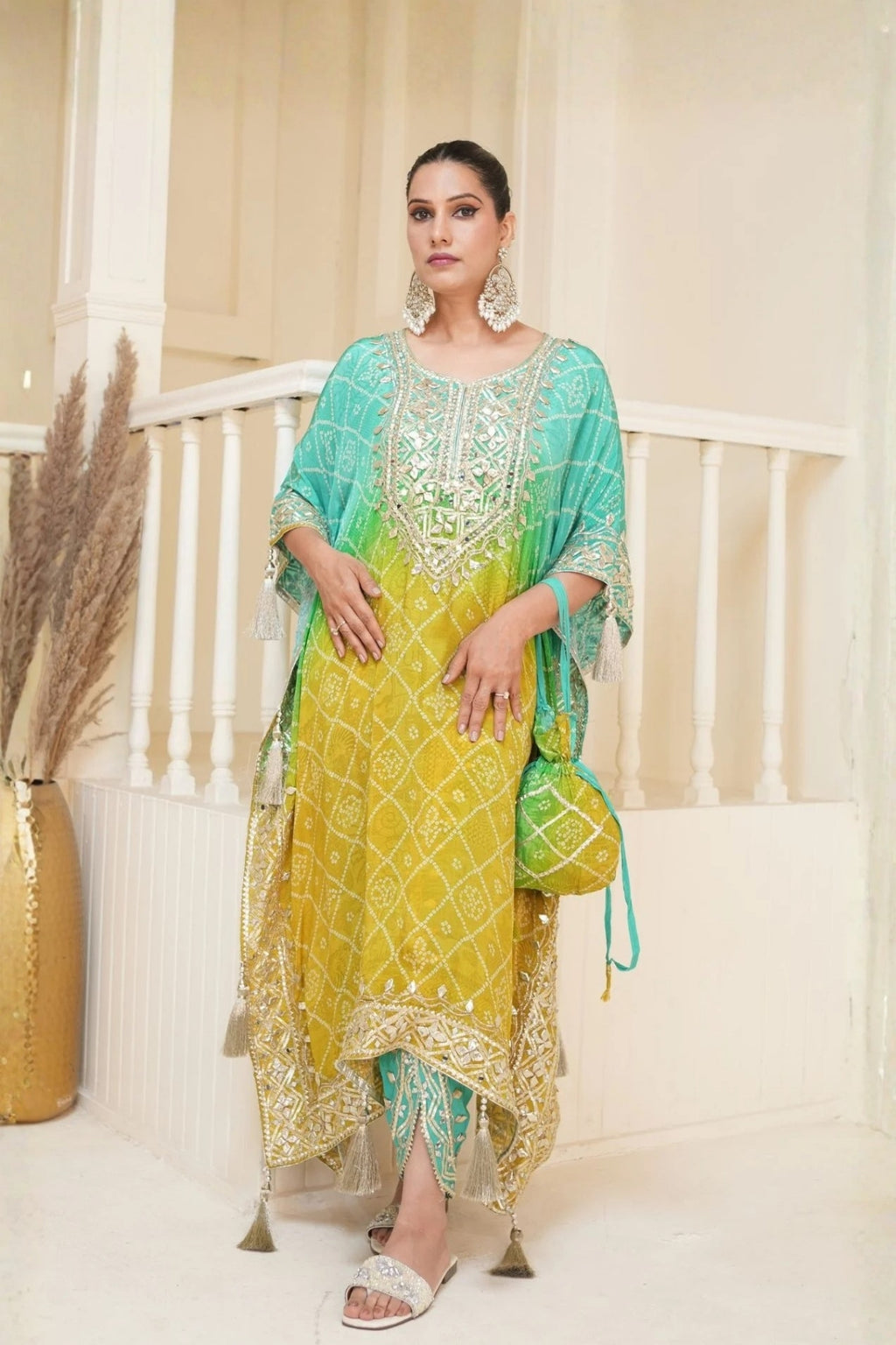 Mustard Yellow Bandhej Ombre Kaftan Set