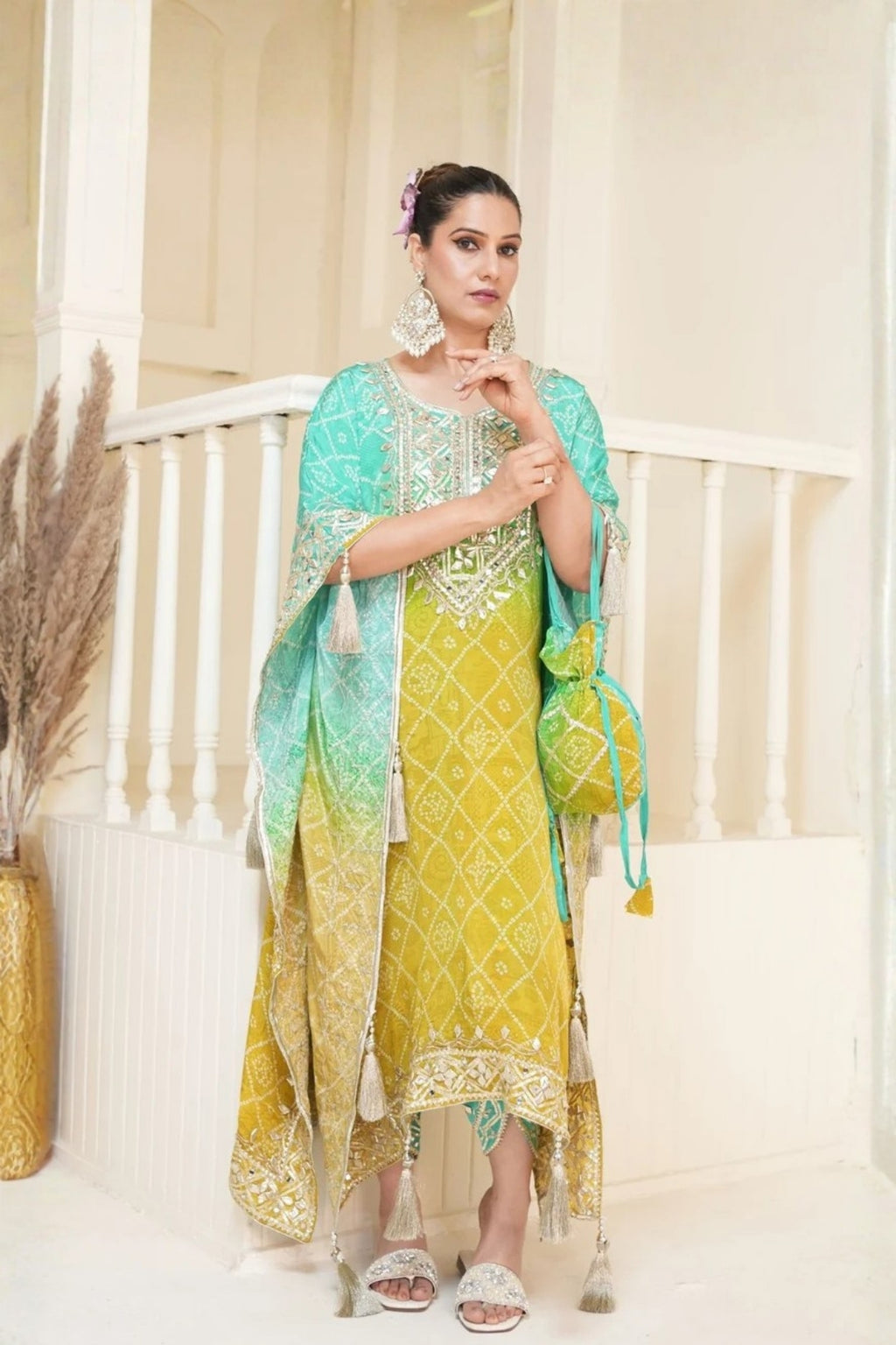 Mustard Yellow Bandhej Ombre Kaftan Set