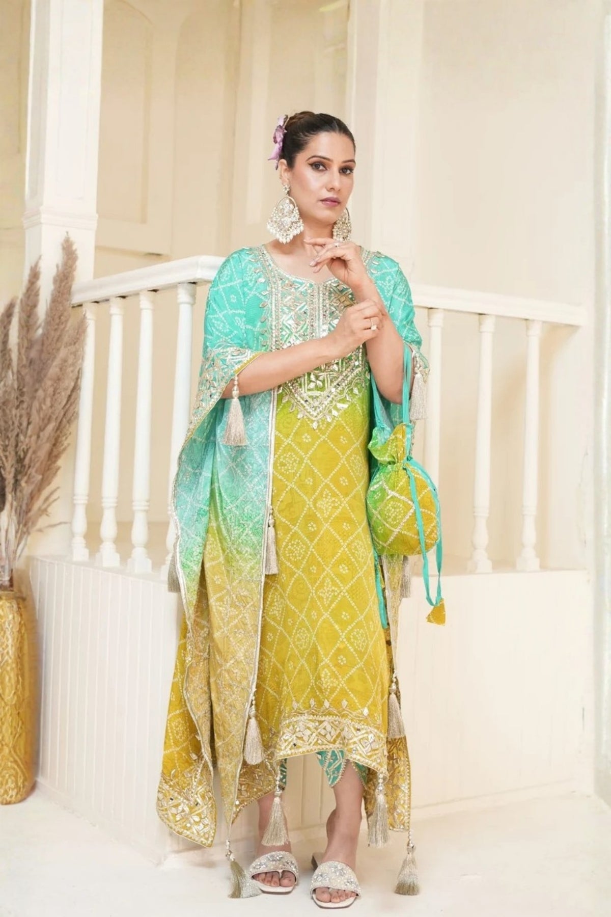 Mustard Yellow Bandhej Ombre Kaftan Set