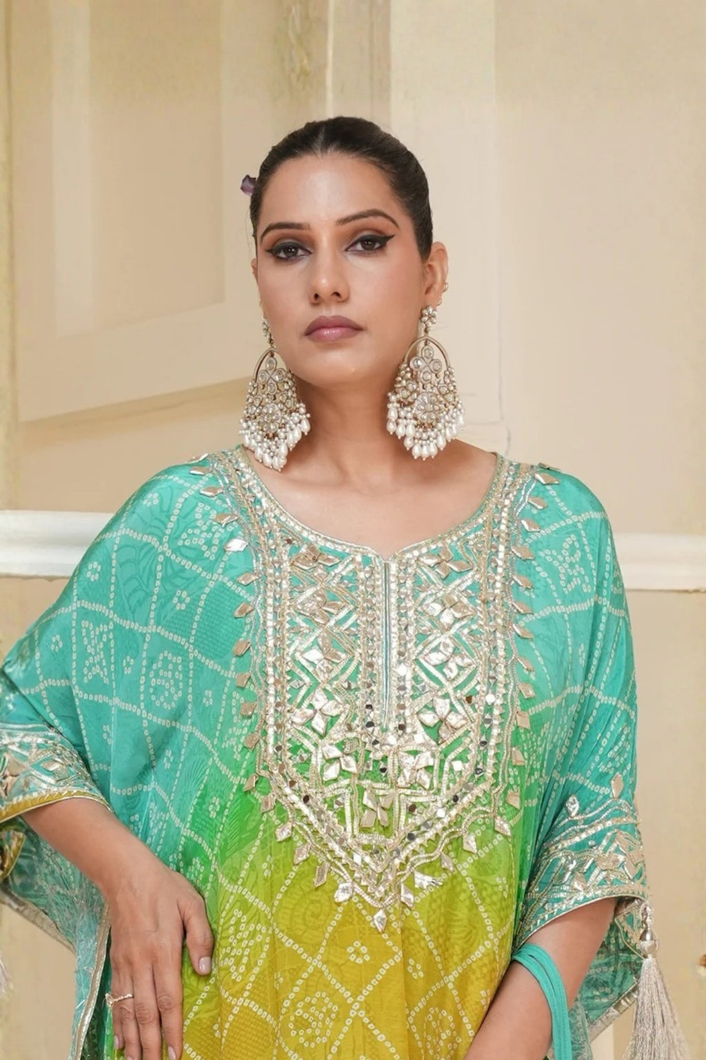 Mustard Yellow Bandhej Ombre Kaftan Set