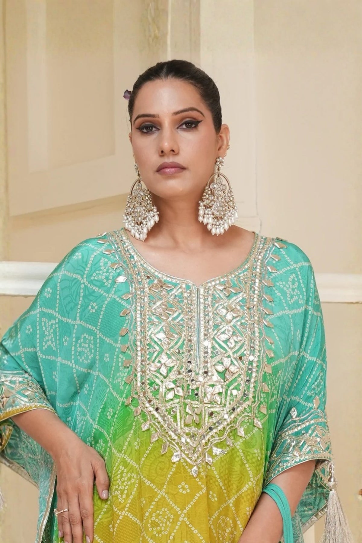 Mustard Yellow Bandhej Ombre Kaftan Set