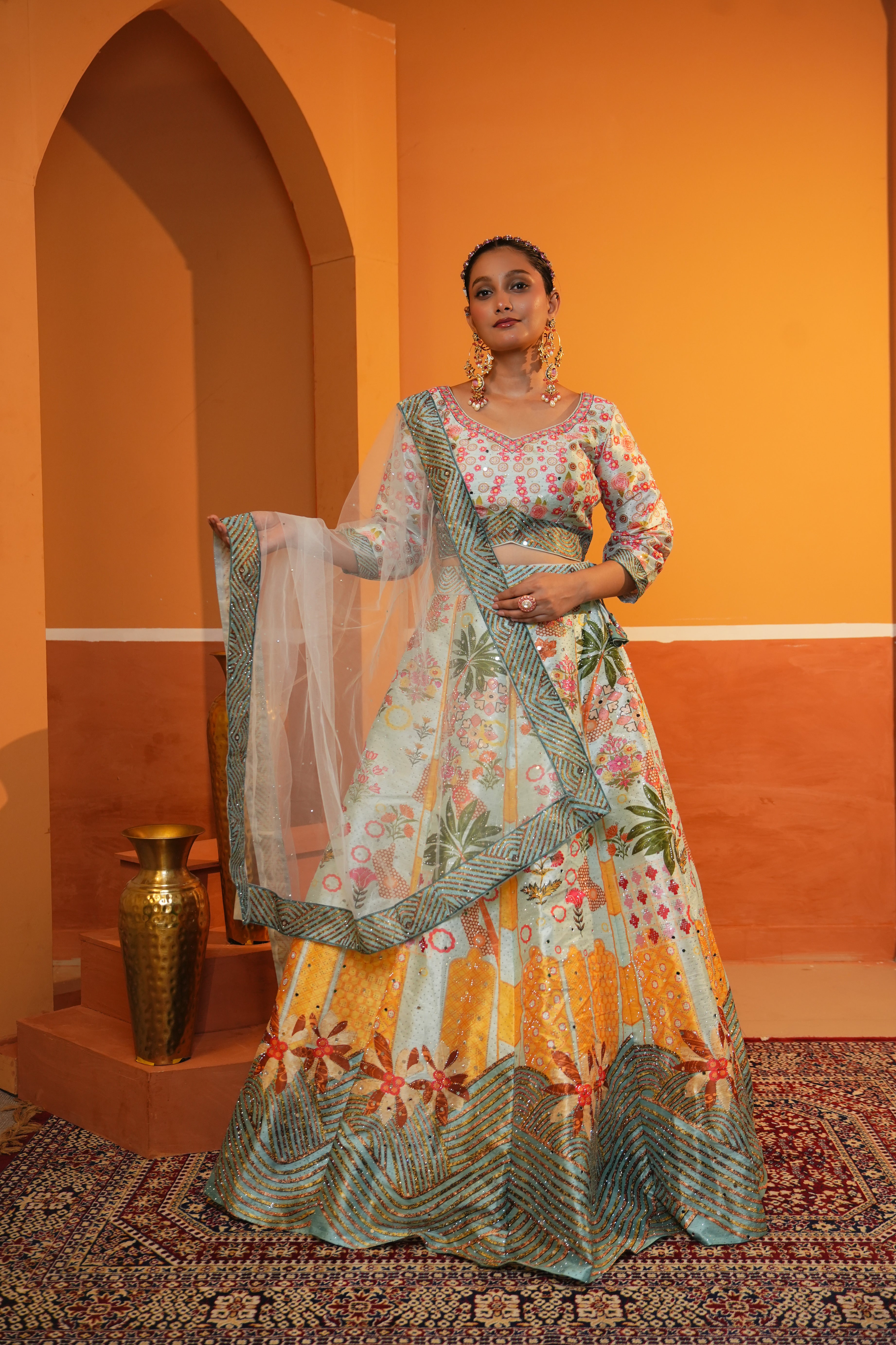 Pastel Mint Green Floral Butter Silk Lehenga Set