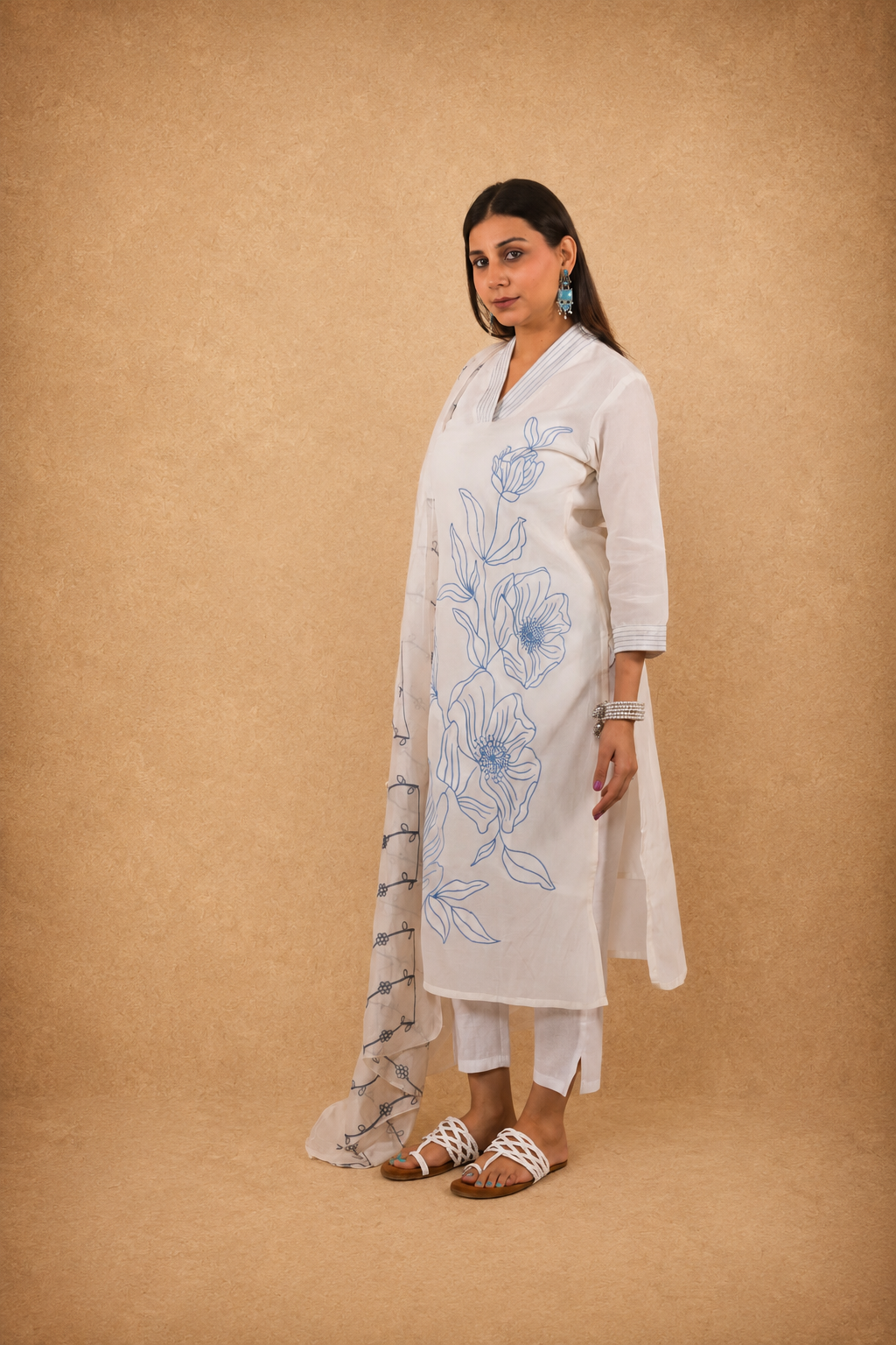 Off White Blue Embroidered Mul Cotton Suit Set