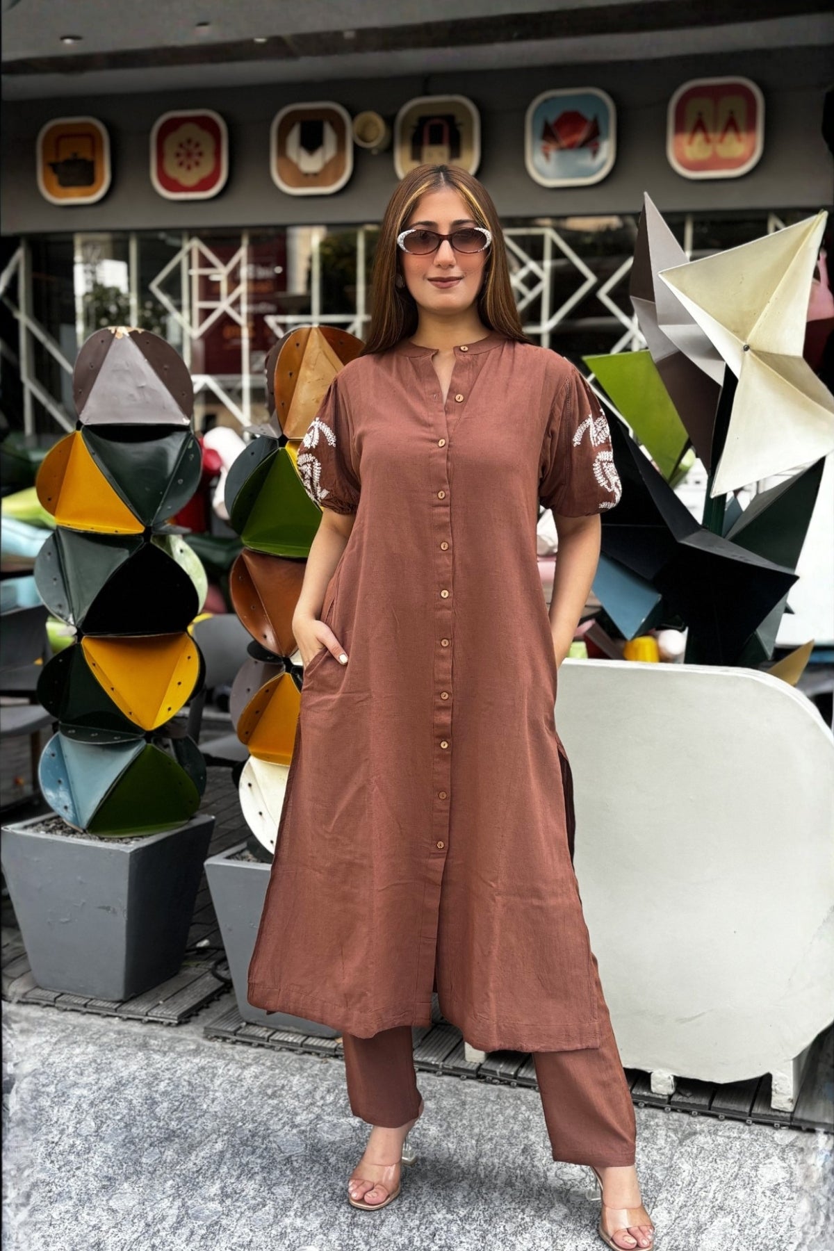 Mocha Brown Embroidered Cotton Kurta with Pants