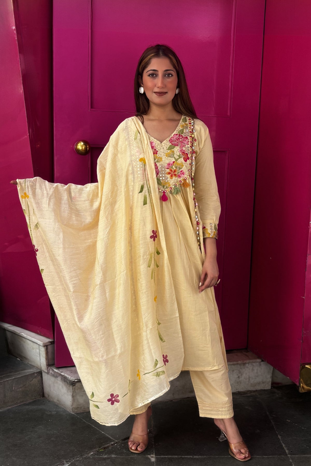 Cream Floral Embroidered Cotton Anarkali Suit Set