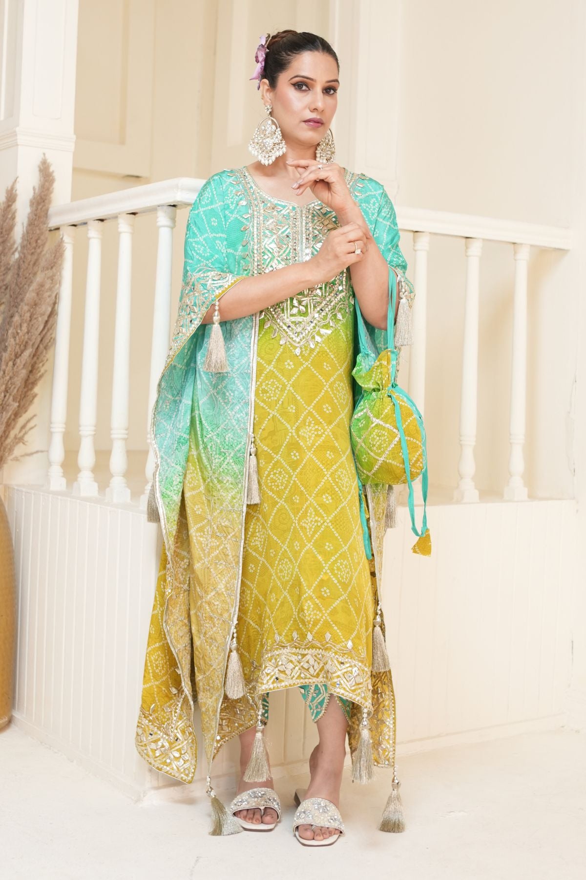 Mustard Yellow Bandhej Ombre Kaftan Set