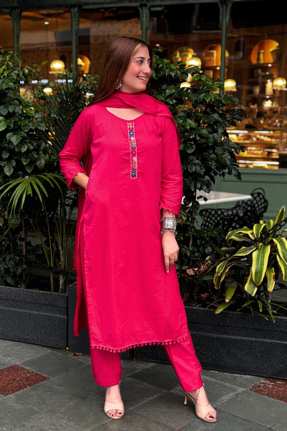 Rani Pink Embroidered Cotton Suit Set