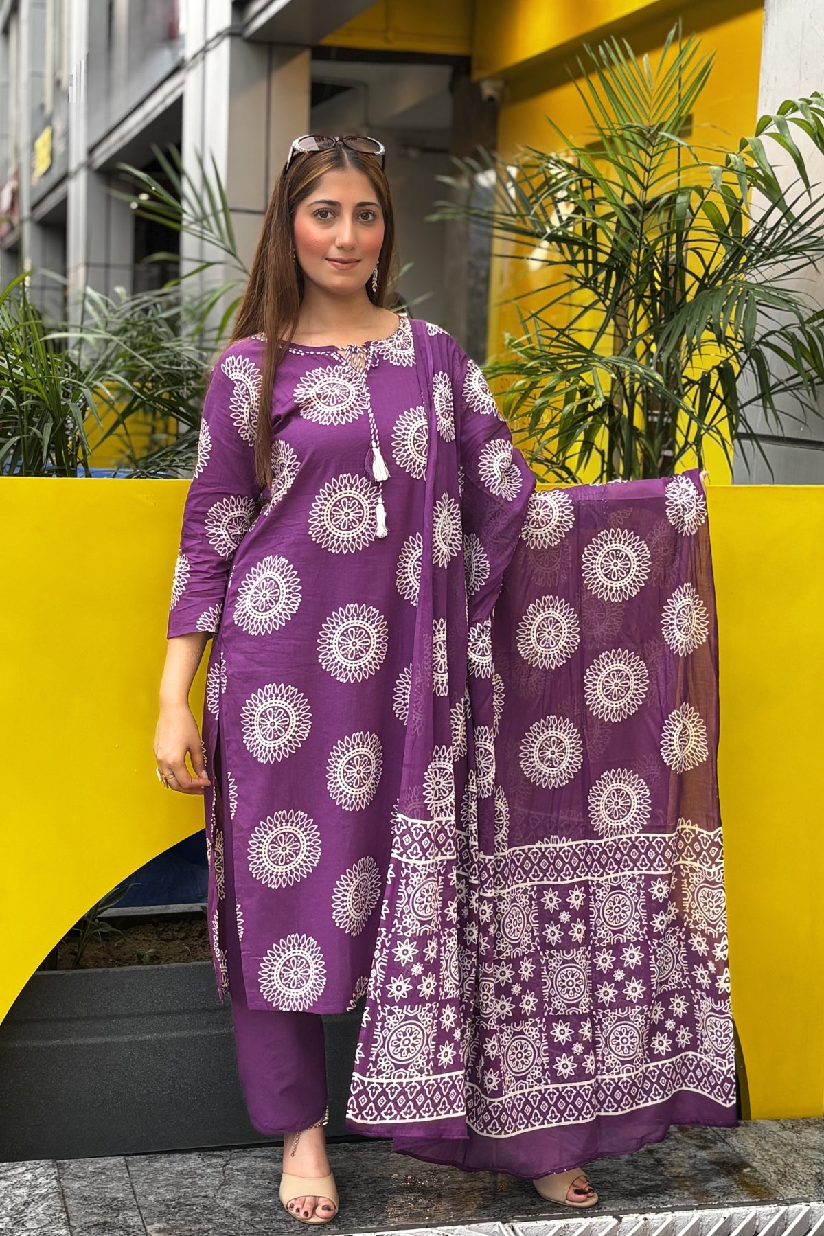 Purple Hand Block Printed Cotton Suit Set