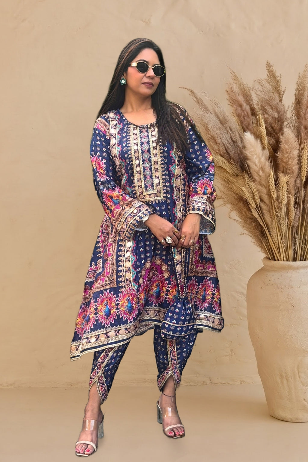 Navy Bloom Embellished Chinon Silk Kaftan Set