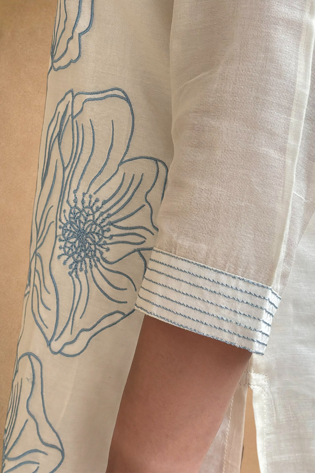 Off White Blue Embroidered Mul Cotton Suit Set