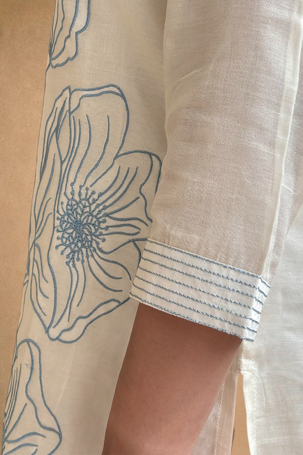 Off White Blue Embroidered Mul Cotton Suit Set
