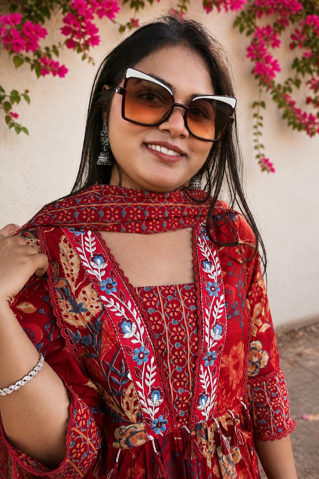 Gulnaar Rust Red Floral Printed Embroidered Suit Set