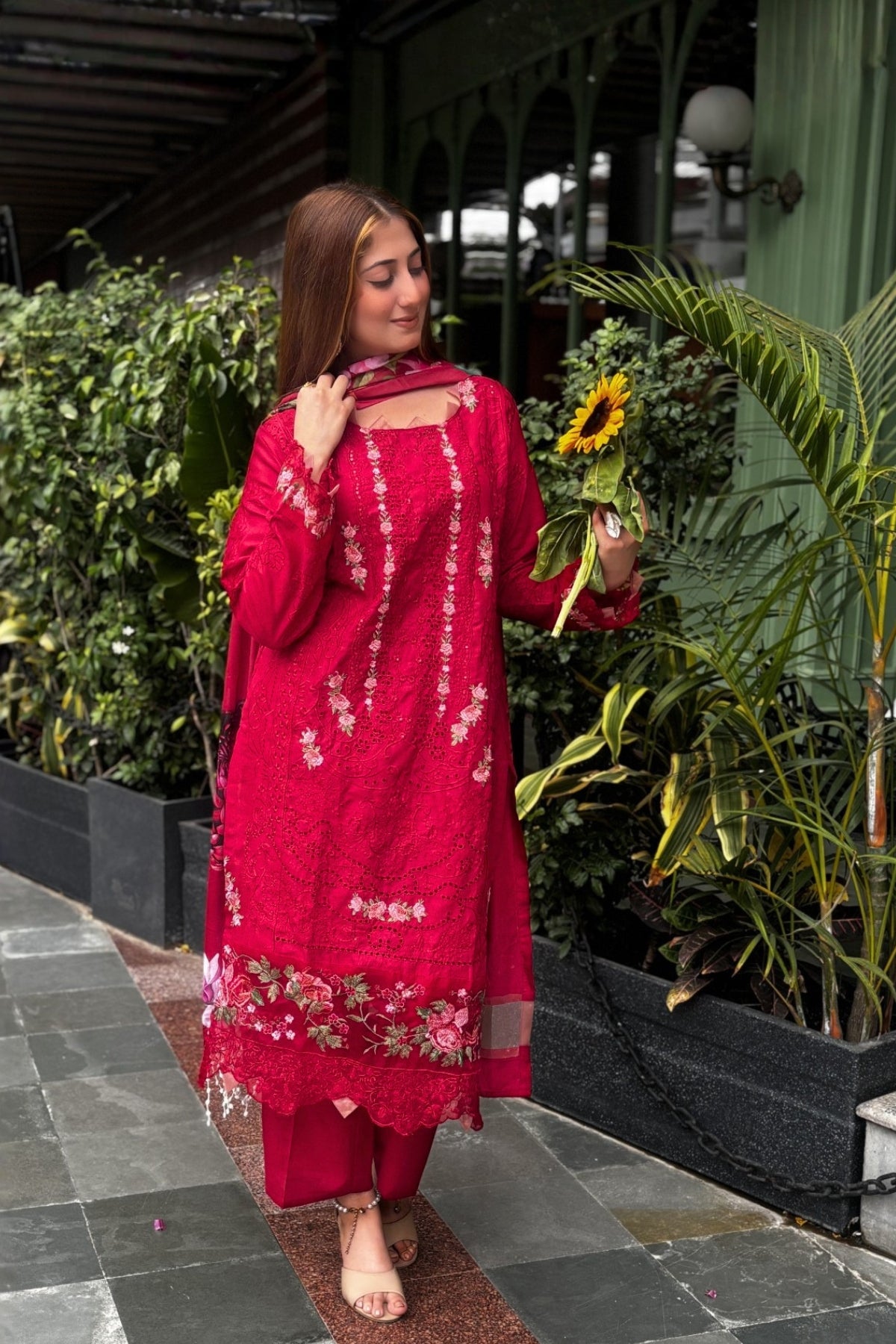 Gulrukh - Ruby Red Lawn Suit Set