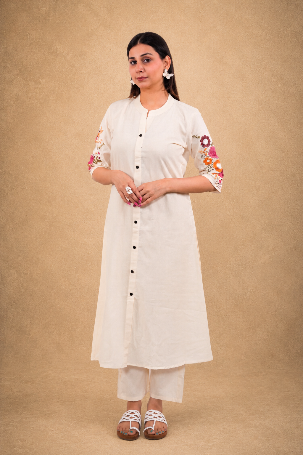 Off White Bloom Embroidered Cotton Kurta with Pants