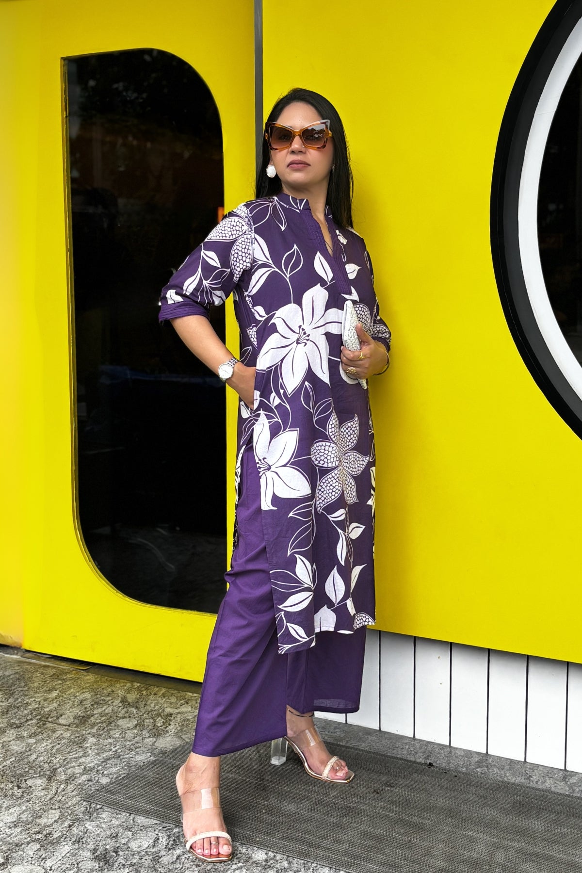 Purple Flora Printed Cotton Kurta with Pants