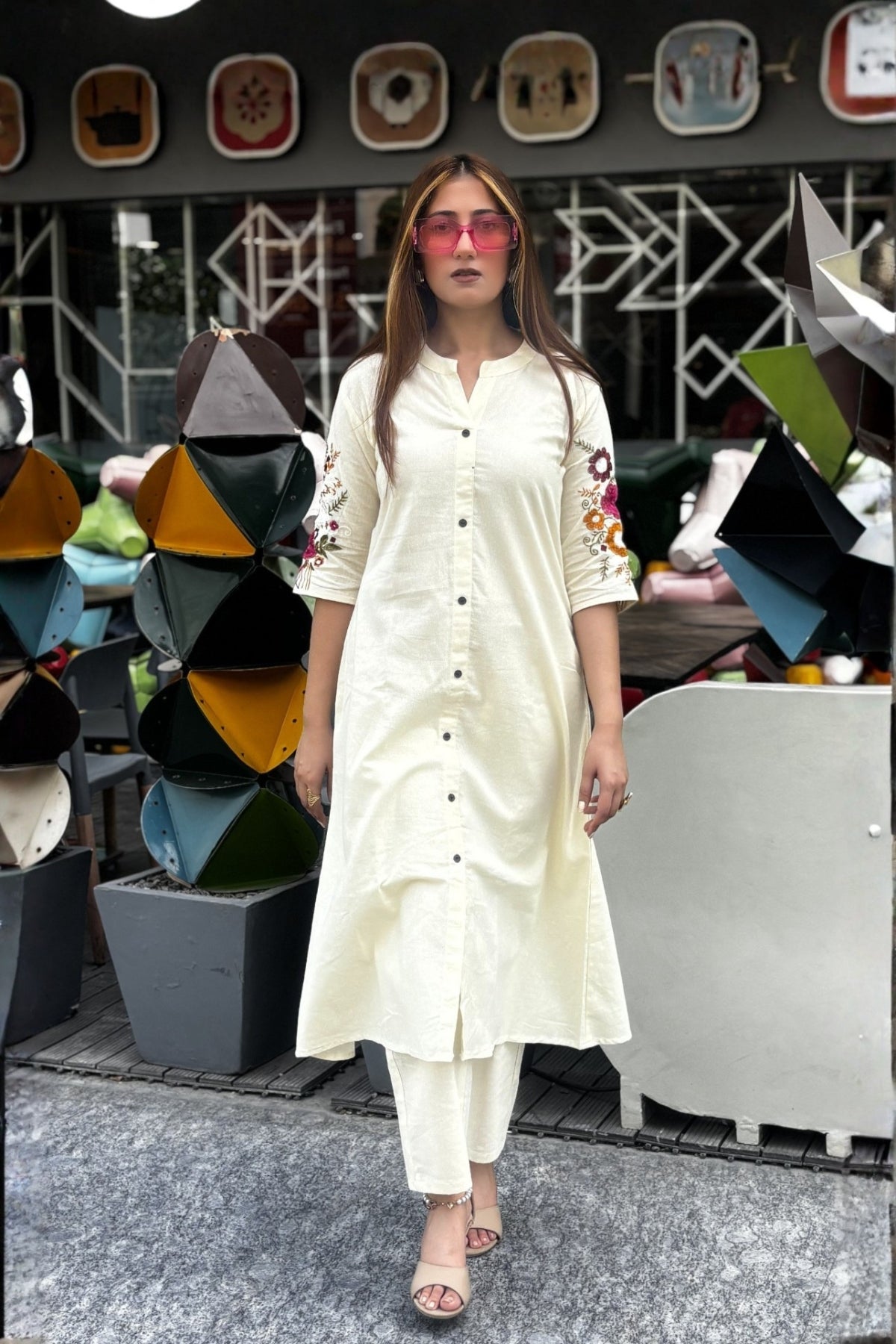 Off White Bloom Embroidered Cotton Kurta with Pants