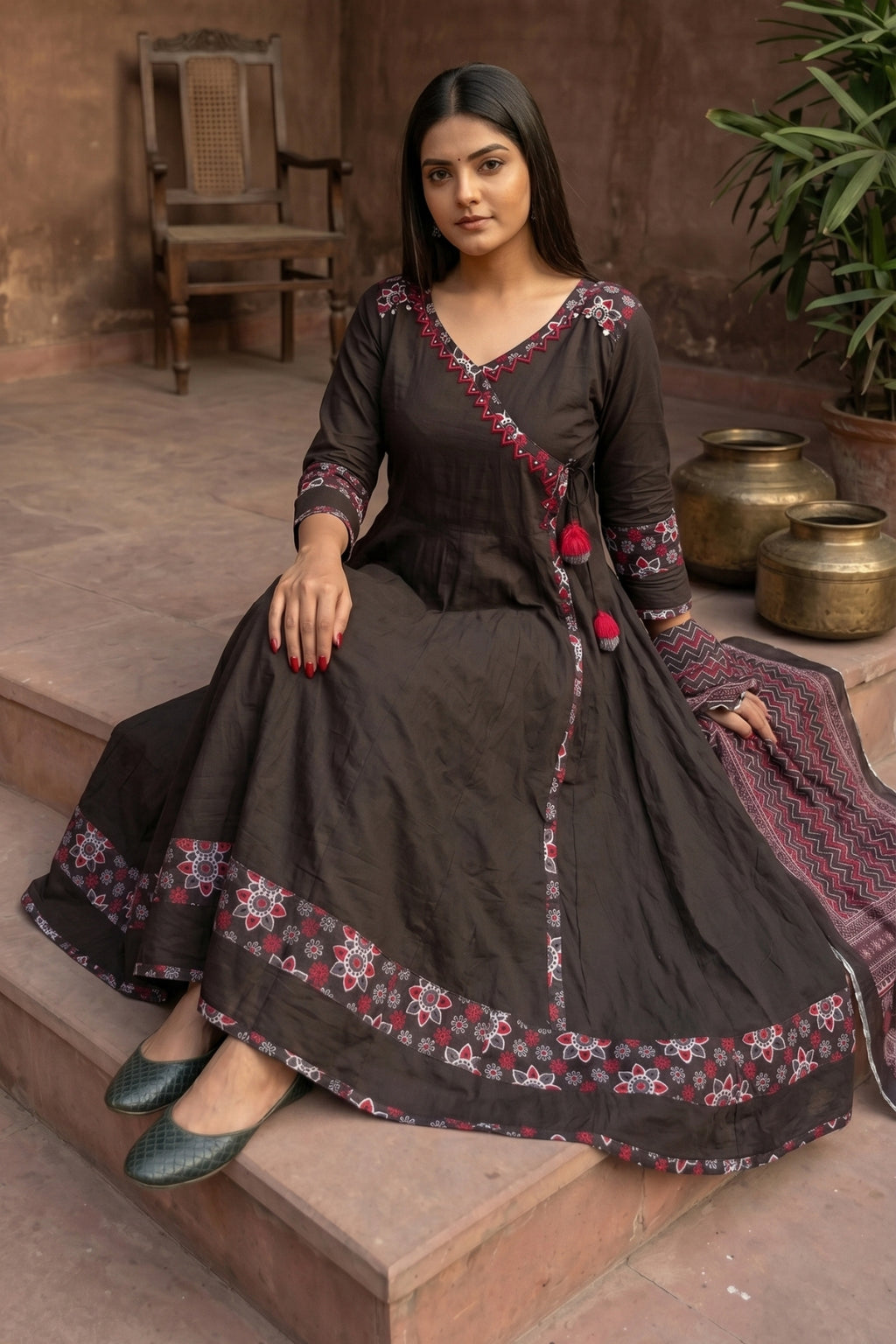 Black Zohra Cotton Slub Anarkali Suit Set