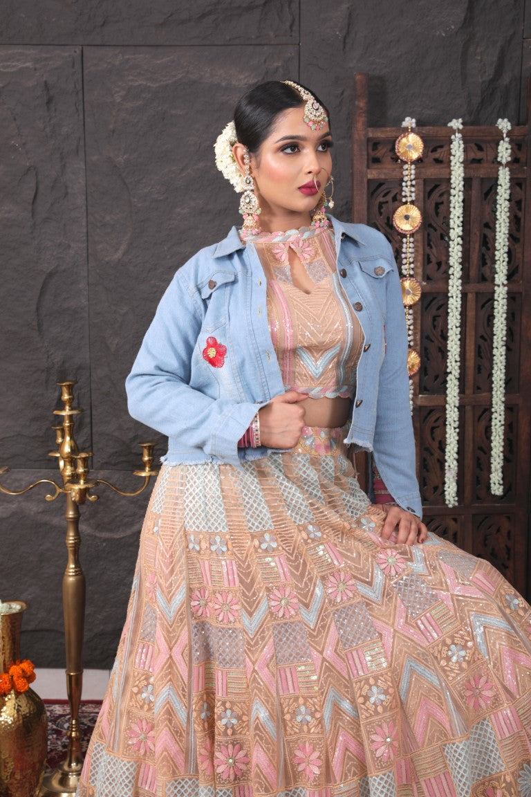 Hand Embroidered Light Blue Denim Jacket