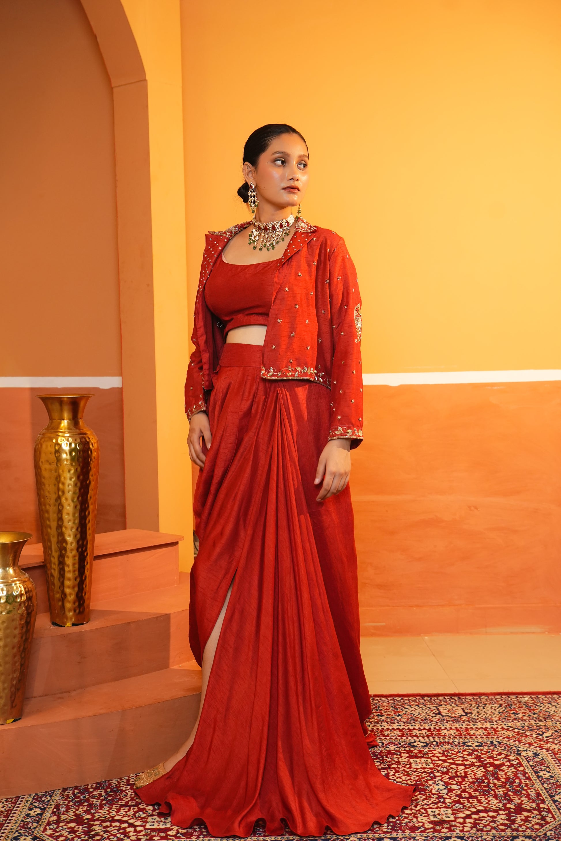 Imperial Red Draped Skirt With Blouse And Embroidered Jacket Set