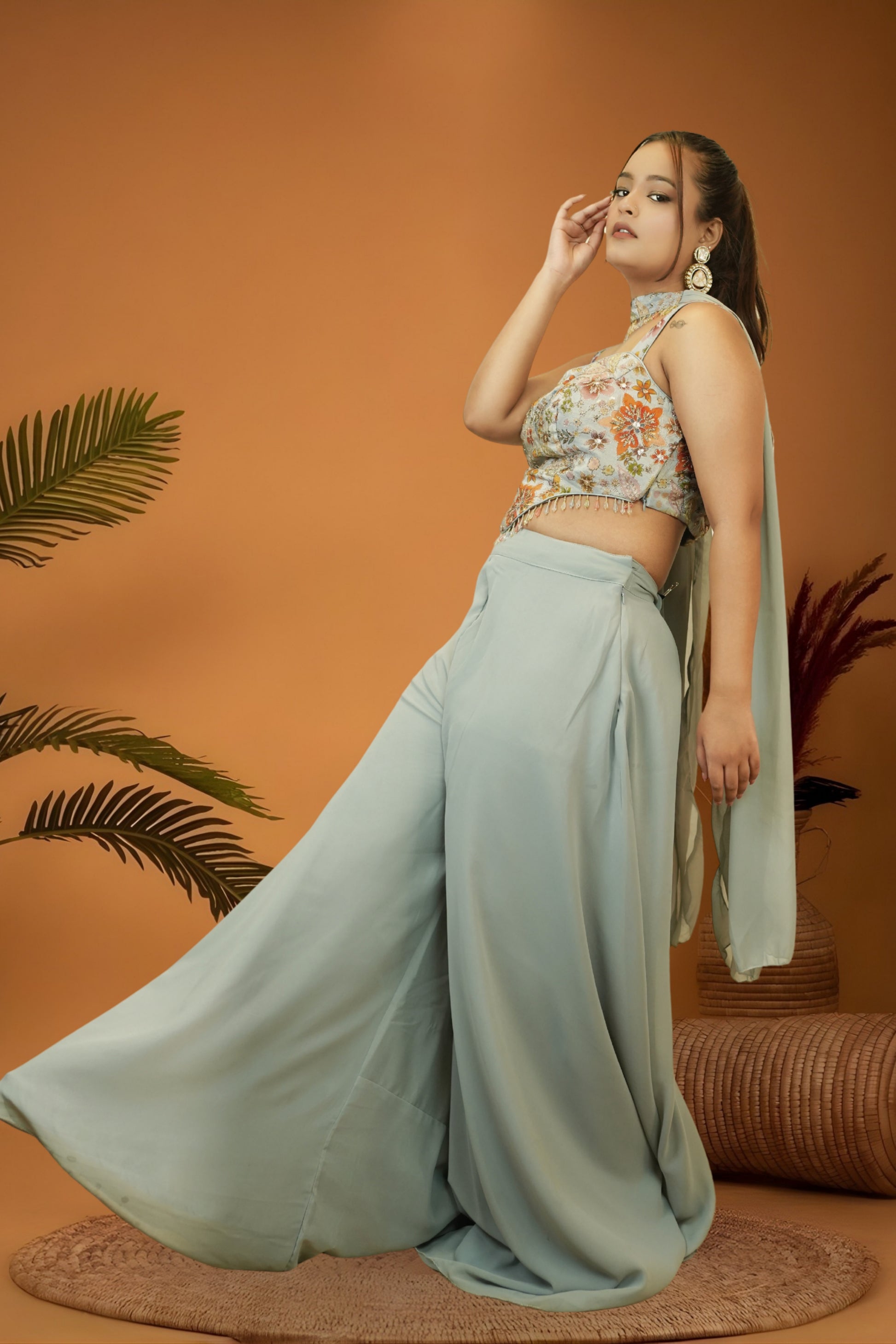 Muted Pastel Blue Corset Top Plazzo Set