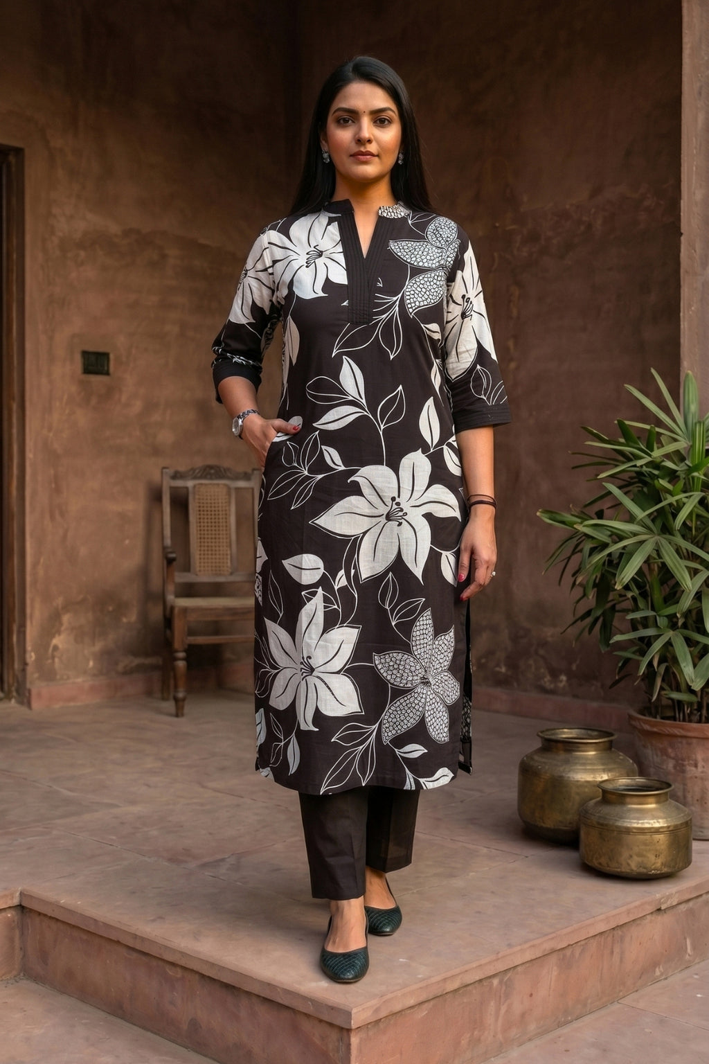 Black Flora Printed Cotton Kurta with Pants