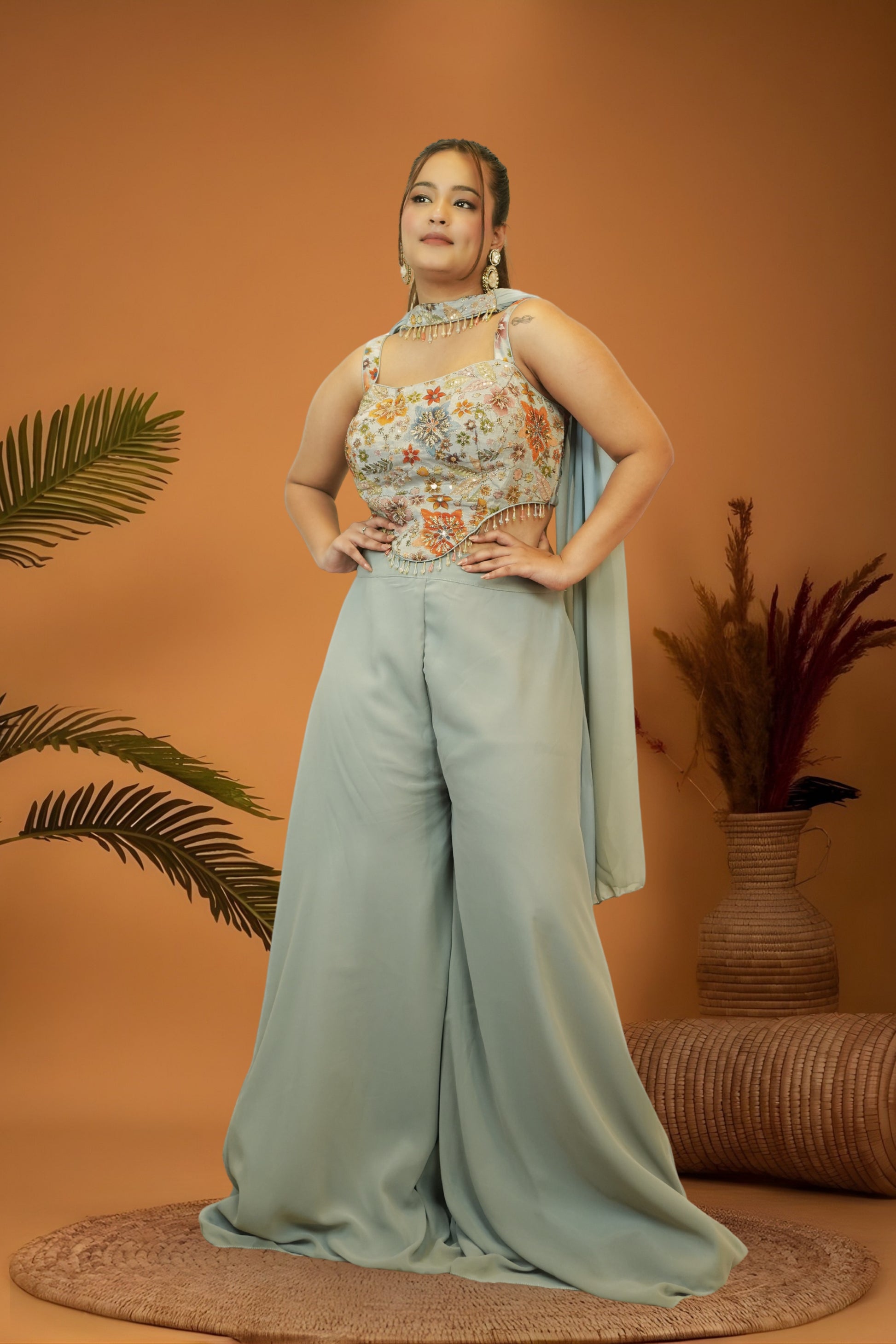 Muted Pastel Blue Corset Top Plazzo Set