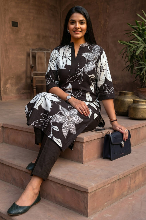 Black Flora Printed Cotton Kurta with Pants