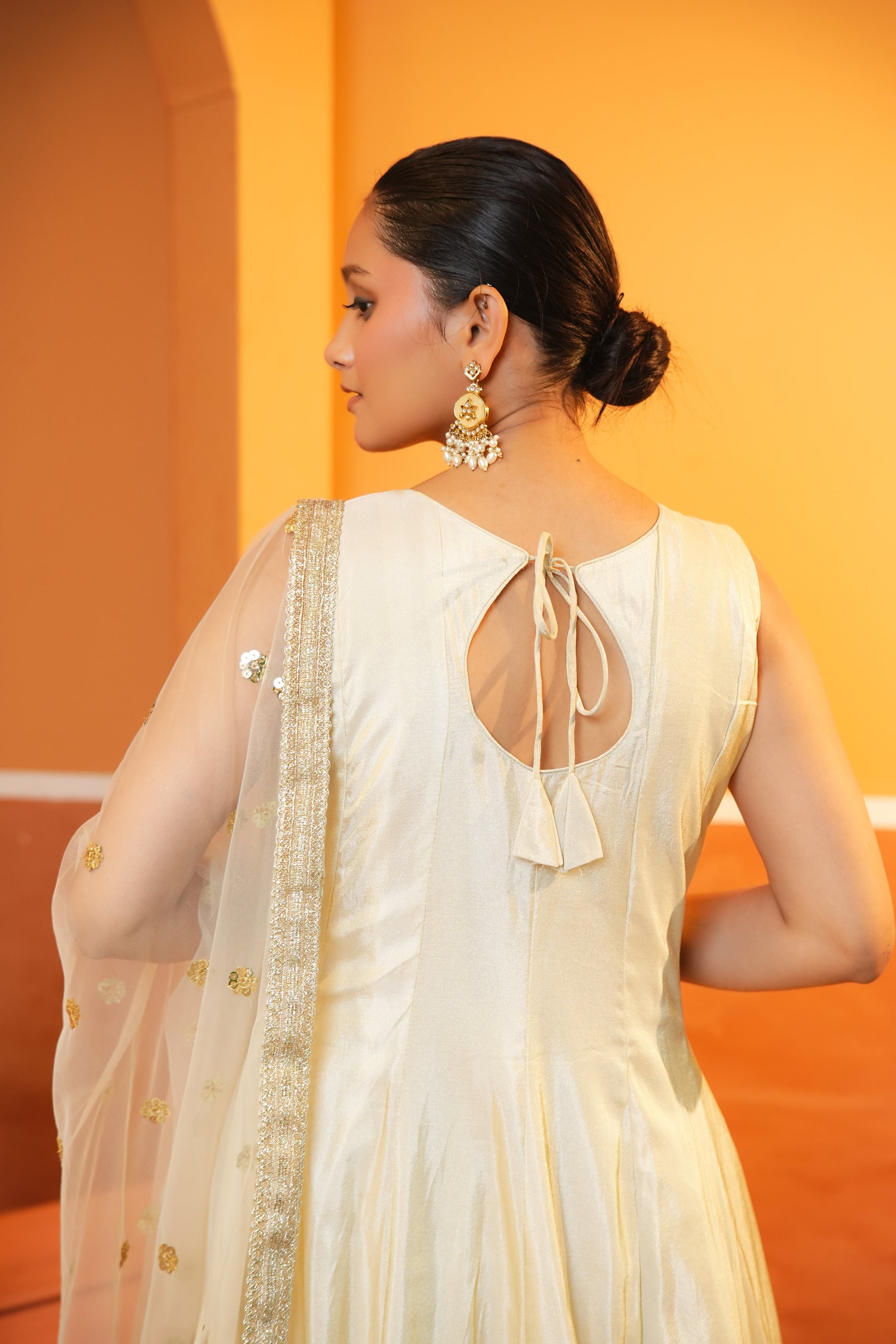 Golden Beige Silk Anarkali Set