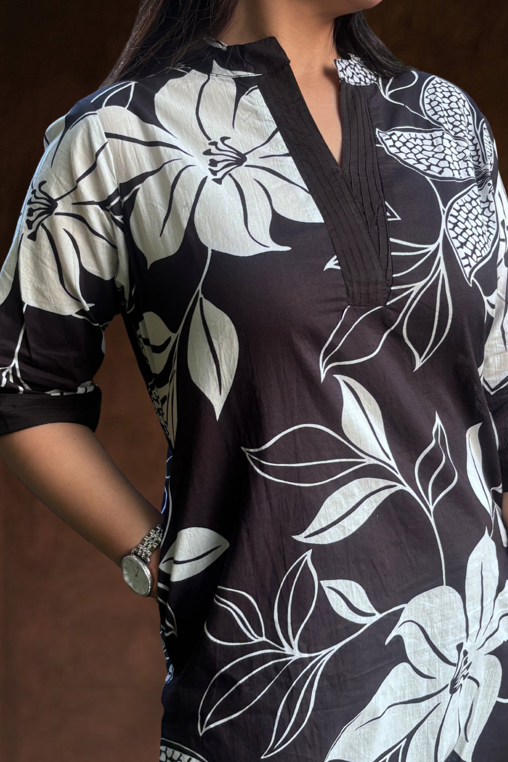 Black Flora Printed Cotton Kurta with Pants