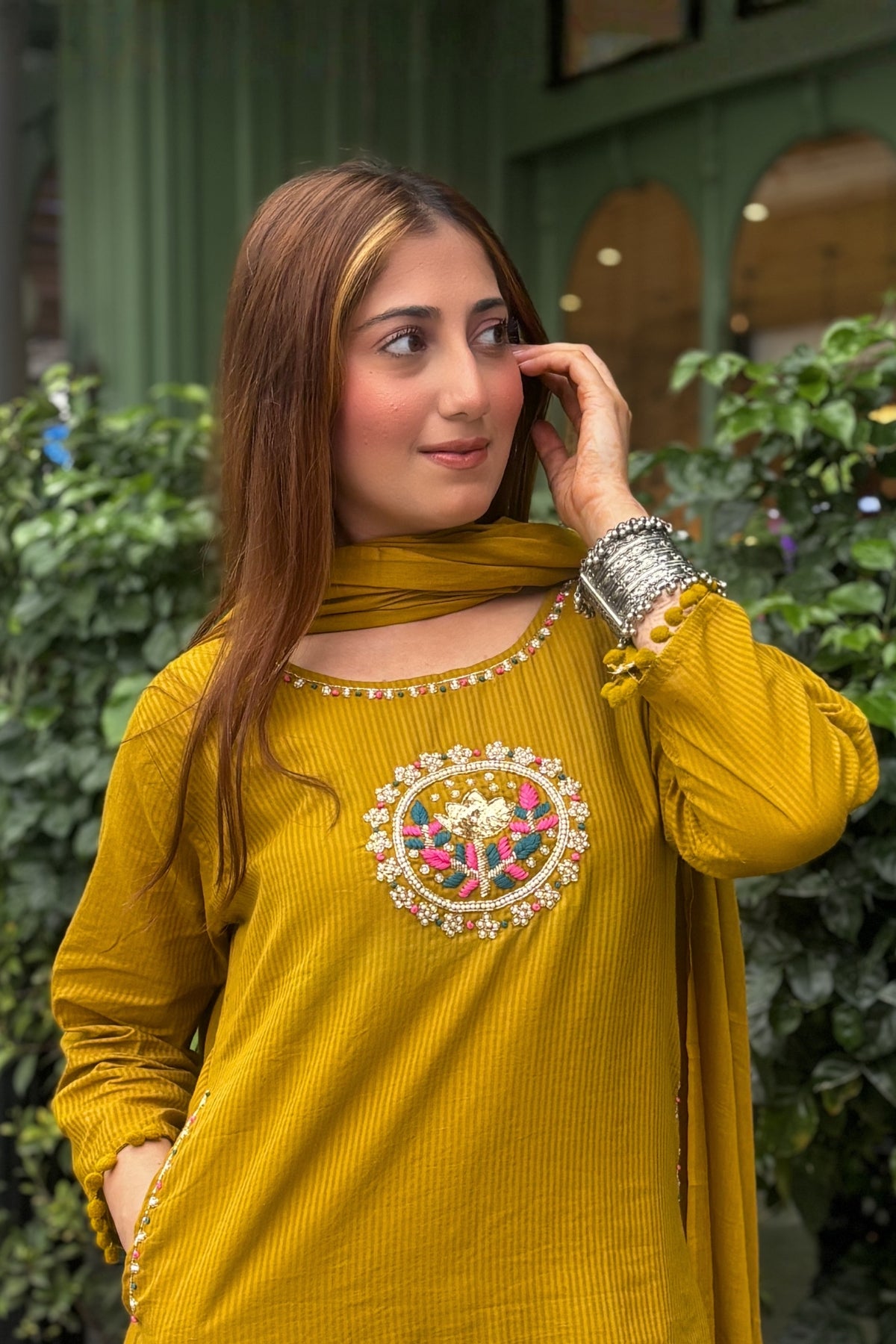 Golden Mustard Embroidered Cotton Suit Set