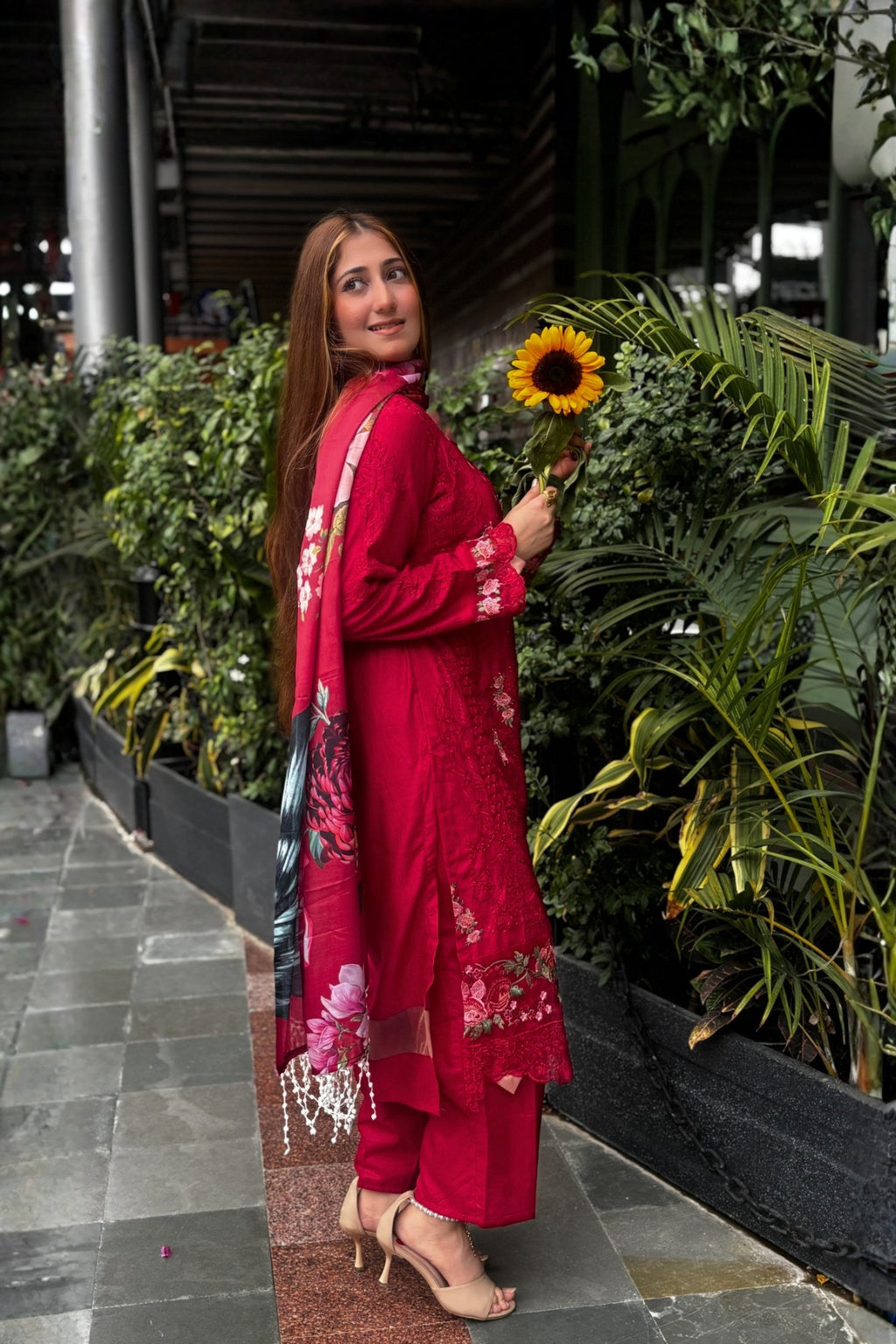 Gulrukh - Ruby Red Lawn Suit Set
