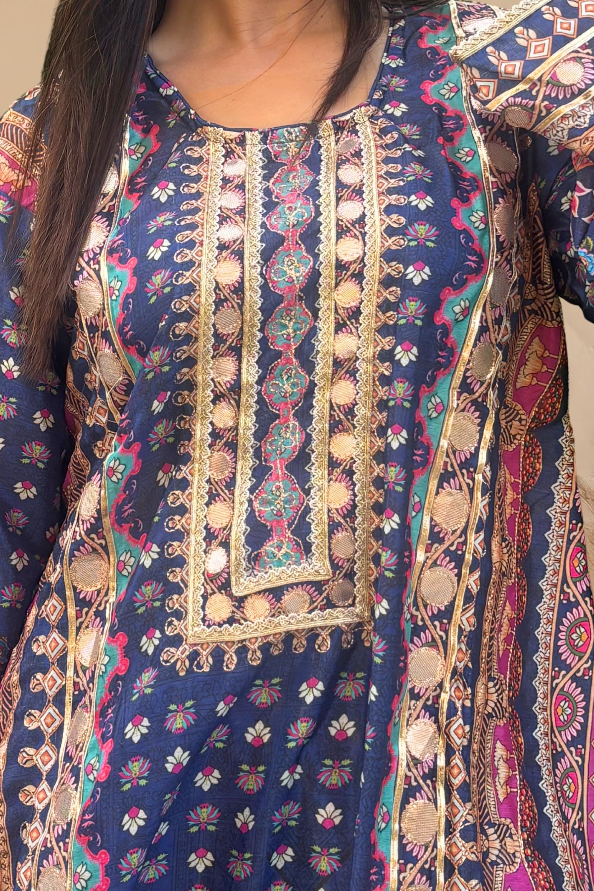 Navy Bloom Embellished Chinon Silk Kaftan Set