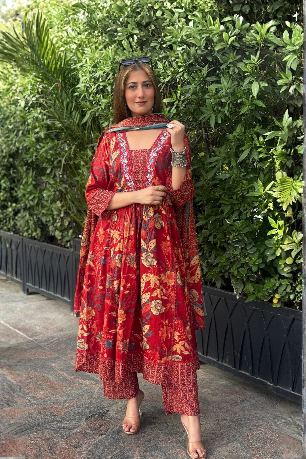 Gulnaar Rust Red Floral Printed Embroidered Suit Set