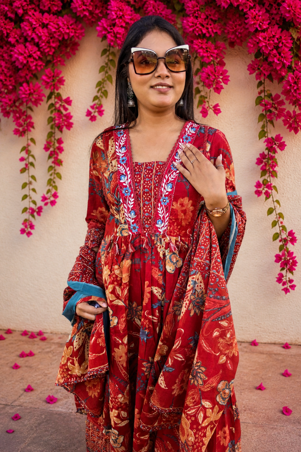 Gulnaar Rust Red Floral Printed Embroidered Suit Set